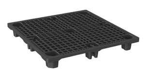 Nestable plastic export pallet 1140 x 1140 x 145mm with gridded open deck and 9 legs
