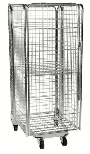 Stackable Security Roll Container with Roof and Shelf – 3 Sided Galvanised Roll Cage | 400kg Capacity