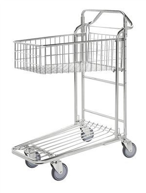 Stackable shop trolley with integrated basket for retail and warehouse use